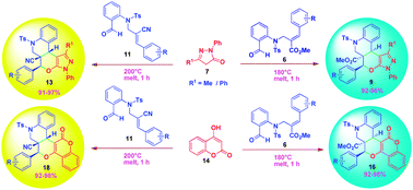 Graphical abstract: A novel synthesis of tetra and pentacyclic quinolinopyran tethered pyrazole/coumarin scaffolds via a solid state melt reaction