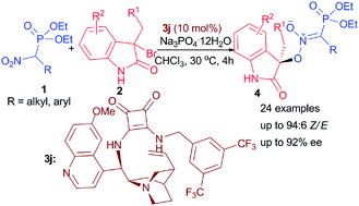 Graphical abstract: Regioselective asymmetric stereoablative O-alkylation of α-nitrophosphonates via o-azaxylylene intermediates generated in situ from 3-bromooxindoles