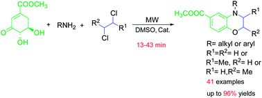 Graphical abstract: Consecutive reactions between methyl 3-dehydroshikimiate, amines and 1,2-dichloroalkanes under microwave conditions: a practical, one-pot construction of N-substituted dihydrobenzoxazines