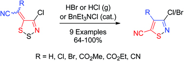 Graphical abstract: Ring transformation of (4-chloro-5H-1,2,3-dithiazol-5-ylidene)acetonitriles to 3-haloisothiazole-5-carbonitriles