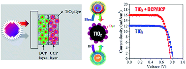 Graphical abstract: Enhancement of light-harvesting efficiency of dye-sensitized solar cells via forming TiO2 composite double layers with down/up converting phosphor dispersion