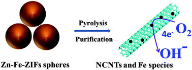 Graphical abstract: Nitrogen-doped carbon nanotubes derived from Zn–Fe-ZIF nanospheres and their application as efficient oxygen reduction electrocatalysts with in situ generated iron species