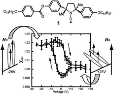 Graphical abstract: Influence of applied electric fields on the positive magneto-LC effects observed in the ferroelectric liquid crystalline phase of a chiral nitroxide radical compound