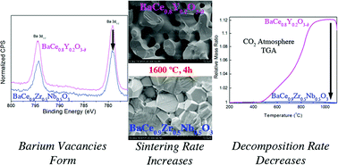 Graphical abstract: Effect of composition and microstructure on electrical properties and CO2 stability of donor-doped, proton conducting BaCe1−(x+y)ZrxNbyO3