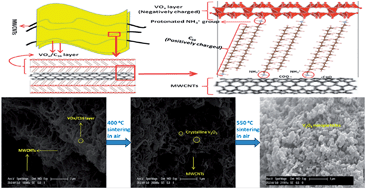 Graphical abstract: Multiwalled carbon nanotubes–V2O5 integrated composite with nanosized architecture as a cathode material for high performance lithium ion batteries