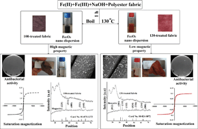 Graphical abstract: In situ synthesis of iron oxide nanoparticles on polyester fabric utilizing color, magnetic, antibacterial and sono-Fenton catalytic properties