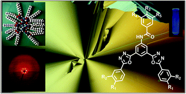 Graphical abstract: Room temperature columnar liquid crystalline phases of luminescent non-symmetric star-shaped molecules containing two 1,3,4-oxadiazole units