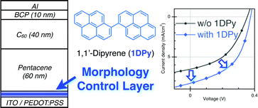 Graphical abstract: A morphology control layer of a pyrene dimer enhances the efficiency in small molecule organic photovoltaic cells