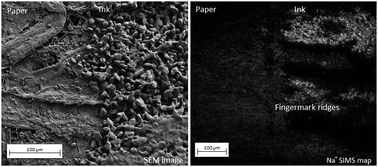 Graphical abstract: Determining the chronology of deposition of natural fingermarks and inks on paper using secondary ion mass spectrometry