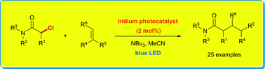 Graphical abstract: Visible light photoredox-catalysed intermolecular radical addition of α-halo amides to olefins