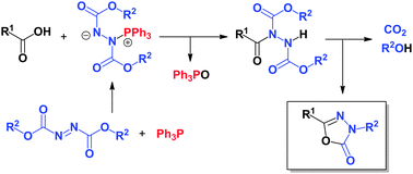 Graphical abstract: The use of a Mitsunobu reagent for the formation of heterocycles: a simple method for the preparation of 3-alkyl-5-aryl-1,3,4-oxadiazol-2(3H)-ones from carboxylic acids