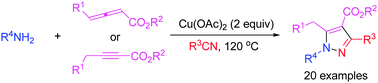 Graphical abstract: Copper-mediated pyrazole synthesis from 2,3-allenoates or 2-alkynoates, amines and nitriles