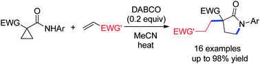 Graphical abstract: DABCO-catalyzed ring opening of activated cyclopropanes and recyclization leading to γ-lactams with an all-carbon quaternary center