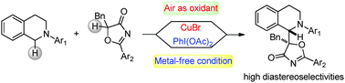 Graphical abstract: Oxidative cross-dehydrogenative coupling between N-aryl tetrahydroisoquinolins and 5H-oxazol-4-ones through two methodologies: copper catalysis or a metal-free strategy