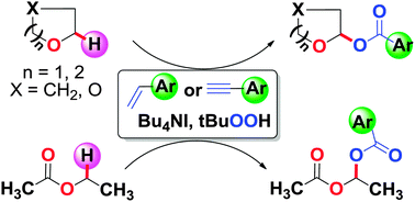 Graphical abstract: Cyclic ethers to esters and monoesters to bis-esters with unconventional coupling partners under metal free conditions via sp3 C–H functionalisation