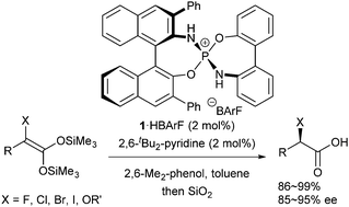 Graphical abstract: Enantioselective protonation of α-hetero carboxylic acid-derived ketene disilyl acetals under chiral ionic Brønsted acid catalysis