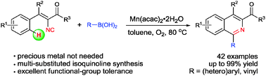 Graphical abstract: Mn(ii)/O2-promoted oxidative annulation of vinyl isocyanides with boronic acids: synthesis of multi-substituted isoquinolines