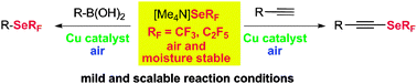 Graphical abstract: Copper catalyzed oxidative coupling reactions for trifluoromethylselenolations – synthesis of R-SeCF3 compounds using air stable tetramethylammonium trifluoromethylselenate