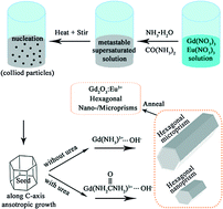 Graphical abstract: Size-tunable synthesis and luminescent properties of Gd(OH)3:Eu3+ and Gd2O3:Eu3+ hexagonal nano-/microprisms