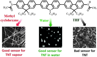 Graphical abstract: A carbazole–fluorene molecular hybrid for quantitative detection of TNT using a combined fluorescence and quartz crystal microbalance method
