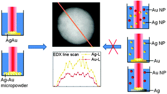 Graphical abstract: Monophasic ligand-free alloy nanoparticle synthesis determinants during pulsed laser ablation of bulk alloy and consolidated microparticles in water