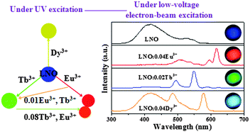 Graphical abstract: Host-sensitized luminescence in LaNbO4:Ln3+ (Ln3+ = Eu3+/Tb3+/Dy3+) with different emission colors