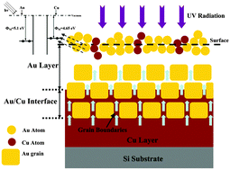 Graphical abstract: Electron migration behavior of Au/Cu multilayer films on Si substrates under UV radiation