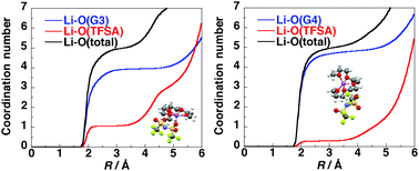 Graphical abstract: Structures of [Li(glyme)]+ complexes and their interactions with anions in equimolar mixtures of glymes and Li[TFSA]: analysis by molecular dynamics simulations