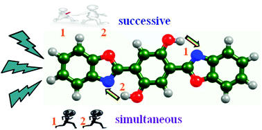 Graphical abstract: Competitive excited-state single or double proton transfer mechanisms for bis-2,5-(2-benzoxazolyl)-hydroquinone and its derivatives