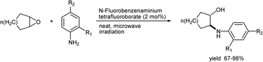 Graphical abstract: N-Fluorobenzenaminium tetrafluoroborate generated in situ by aniline and Selectfluor as a reusable catalyst for the ring opening of epoxides with amines under microwave irradiation