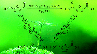 Graphical abstract: Superior catalytic performance of Ce1−xBixO2−δ solid solution and Au/Ce1−xBixO2−δ for 5-hydroxymethylfurfural conversion in alkaline aqueous solution