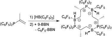 Graphical abstract: Formation, structural characterization, and reactions of a unique cyclotrimeric vicinal Lewis pair containing (C6F5)2P-Lewis base and (C6F5)BH-Lewis acid components