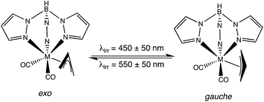 Graphical abstract: Rotameric transformations in the photochemistry of TpM(CO)2(η3-C3H4R), where Tp = tris(pyrazolyl)borate, M = Mo or W, and R = H or Me