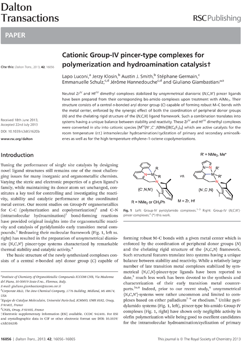 Additional Article Notification: Cationic Group-IV pincer-type complexes for polymerization and hydroamination catalysis