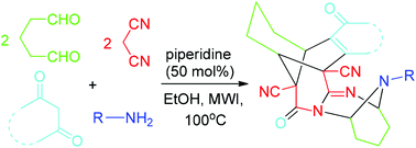 Graphical abstract: Highly efficient construction of a bridged pentacyclic skeleton via a six-component domino reaction under microwave irradiation