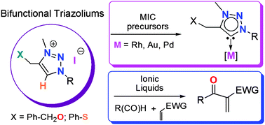 Graphical abstract: Versatile O- and S-functionalized 1,2,3-triazoliums: ionic liquids for the Baylis–Hillman reaction and ligand precursors for stable MIC-transition metal complexes