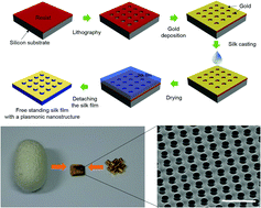 Graphical abstract: Novel and simple route to fabricate fully biocompatible plasmonic mushroom arrays adhered on silk biopolymer