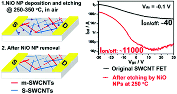 Graphical abstract: Breakdown of metallic single-wall carbon nanotube paths by NiO nanoparticle point etching for high performance thin film transistors