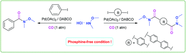 Graphical abstract: Pd(OAc)2/DABCO as an efficient and phosphine-free catalytic system for the synthesis of single and double Weinreb amides by the aminocarbonylation of aryl iodides