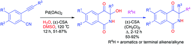 Graphical abstract: Synthesis of 3,3-disubstituted-2,3-dihydroazanaphthoquinones via simultaneous alkyne oxidation and nitrile hydration of ortho-alkynylarenenitriles