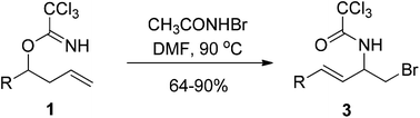 Graphical abstract: N-Bromoacetamide-mediated domino cyclization and elimination of homoallylic trichloroacetimidates: a novel approach toward the synthesis of 1-bromo-2-amino-3-butene derivatives