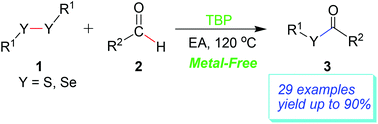 Graphical abstract: Syntheses of thiol and selenol esters by oxidative coupling reaction of aldehydes with RYYR (Y = S, Se) under metal-free conditions