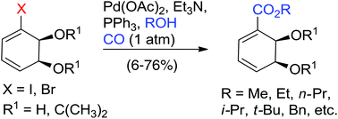 Graphical abstract: Palladium-catalyzed carbonylation of halo arene-cis-dihydrodiols to the corresponding carboxylates. Access to compounds unavailable by toluene dioxygenase-mediated dihydroxylation of the corresponding benzoate esters
