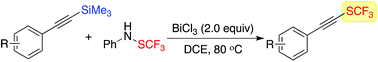 Graphical abstract: A concise synthesis of (alkynyl)(trifluoromethyl)sulfanes via a bismuth(iii)-promoted reaction of trimethyl(alkynyl)silane with trifluoromethanesulfanylamide
