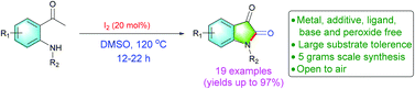 Graphical abstract: An efficient route to synthesize isatins by metal-free, iodine-catalyzed sequential C(sp3)–H oxidation and intramolecular C–N bond formation of 2′-aminoacetophenones