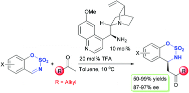 Graphical abstract: A highly enantioselective and regioselective organocatalytic direct Mannich reaction of methyl alkyl ketones with cyclic imines benzo[e][1,2,3]oxathiazine 2,2-dioxides