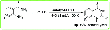 Graphical abstract: Catalyst-free synthesis of 2-aryl-1,2-dihydro-quinazolin-4(1H)-thiones from 2-aminobenzothio-amides and aldehydes in water