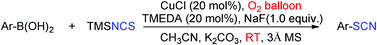 Graphical abstract: A mild copper-catalyzed aerobic oxidative thiocyanation of arylboronic acids with TMSNCS