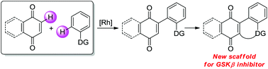 Graphical abstract: Rh(iii)-catalyzed direct C–H/C–H cross-coupling of quinones with arenes assisted by a directing group: identification of carbazole quinones as GSKβ inhibitors