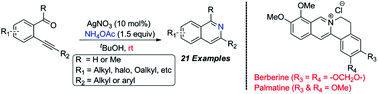 Graphical abstract: A room-temperature protocol to access isoquinolines through Ag(i) catalysed annulation of o-(1-alkynyl)arylaldehydes and ketones with NH4OAc: elaboration to berberine and palmatine